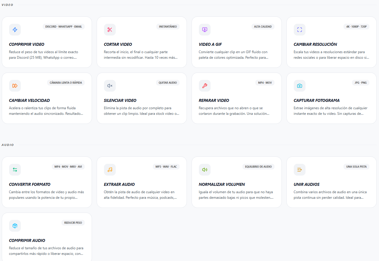 Suite completa de herramientas integradas para la gestión profesional de video y audio, sin límites de subida y con procesamiento 100% en el cliente.